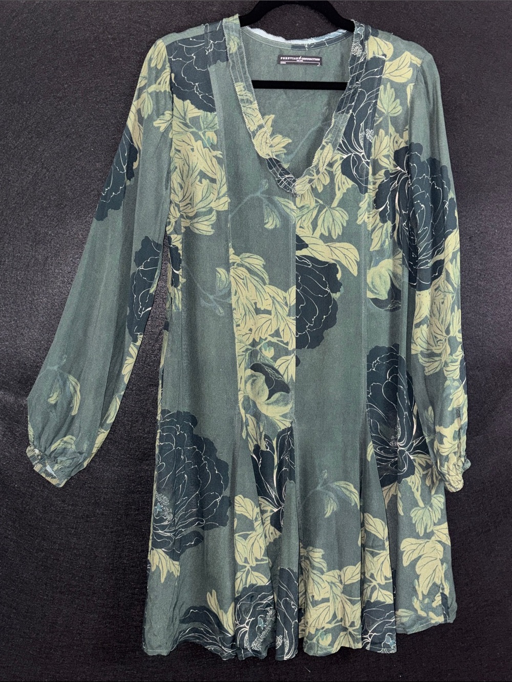 Peruvian Connection Green Floral V-Neck Long Sleeve Dress Semi Sheer Size Small